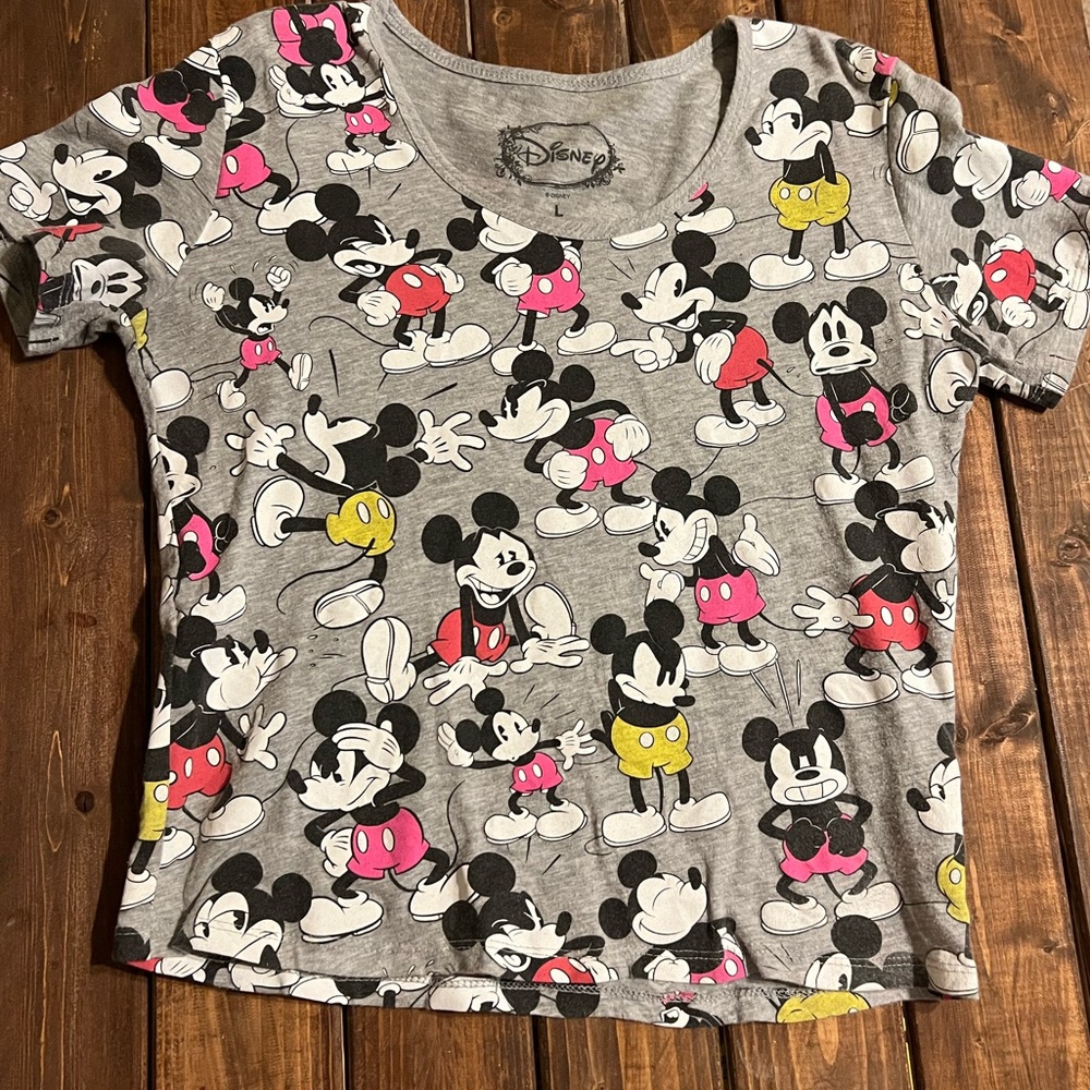 Disney Mickey Mouse Shirt | Juniors Large | Grey with Mickey in red and yellow